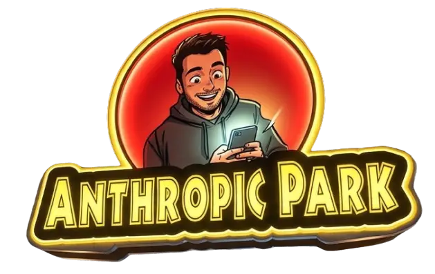 zeigt das Logo des Anthropic Park, den Schriftzug mit einen Mann mit Handy