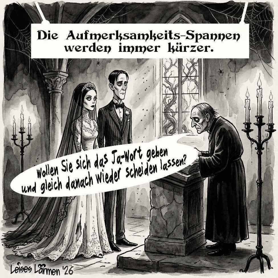 Überschrift: die Aufmerksamkeits-Spannen werden immer kürzer. Darunter sagt ein Priester zum Brautpaar:
wollen Sie sich dass Ja-Wort geben und gleich danach wieder scheiden lassen?