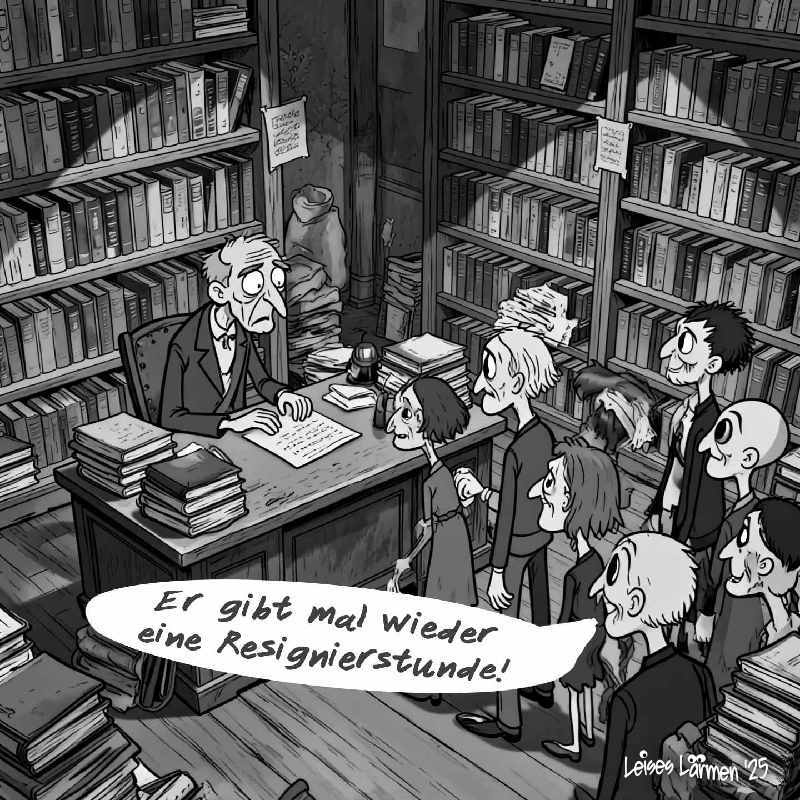 zeigt einen traurigen Autor im Buchladen. Jemand sagt: er gibt mal wieder eine Resignierstunde