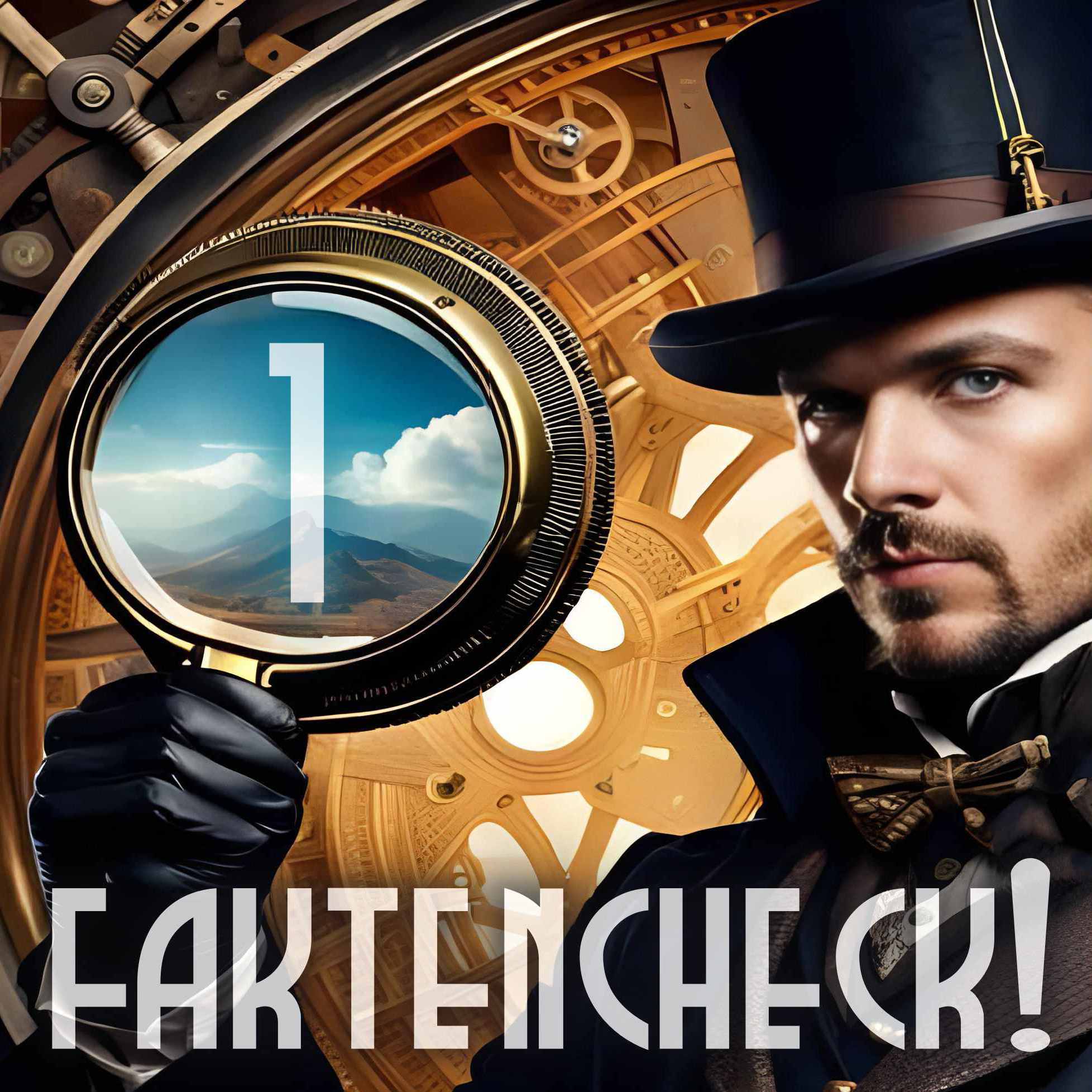 Cover Faktencheck Folge1,zeigt einen Detektiv im Steampunk-Look mit Lupe