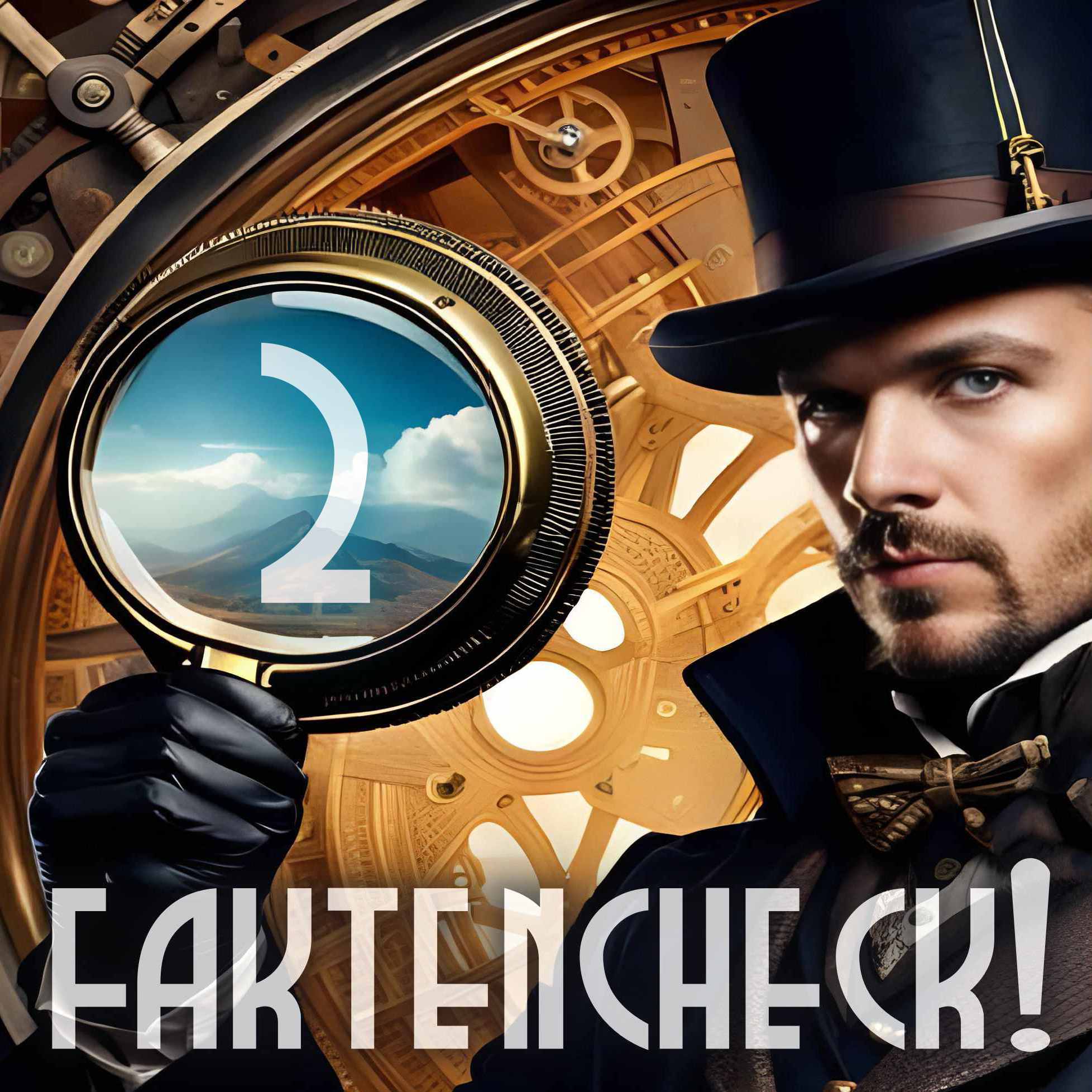 Cover Faktencheck Folge2,zeigt einen Detektiv im Steampunk-Look mit Lupe
