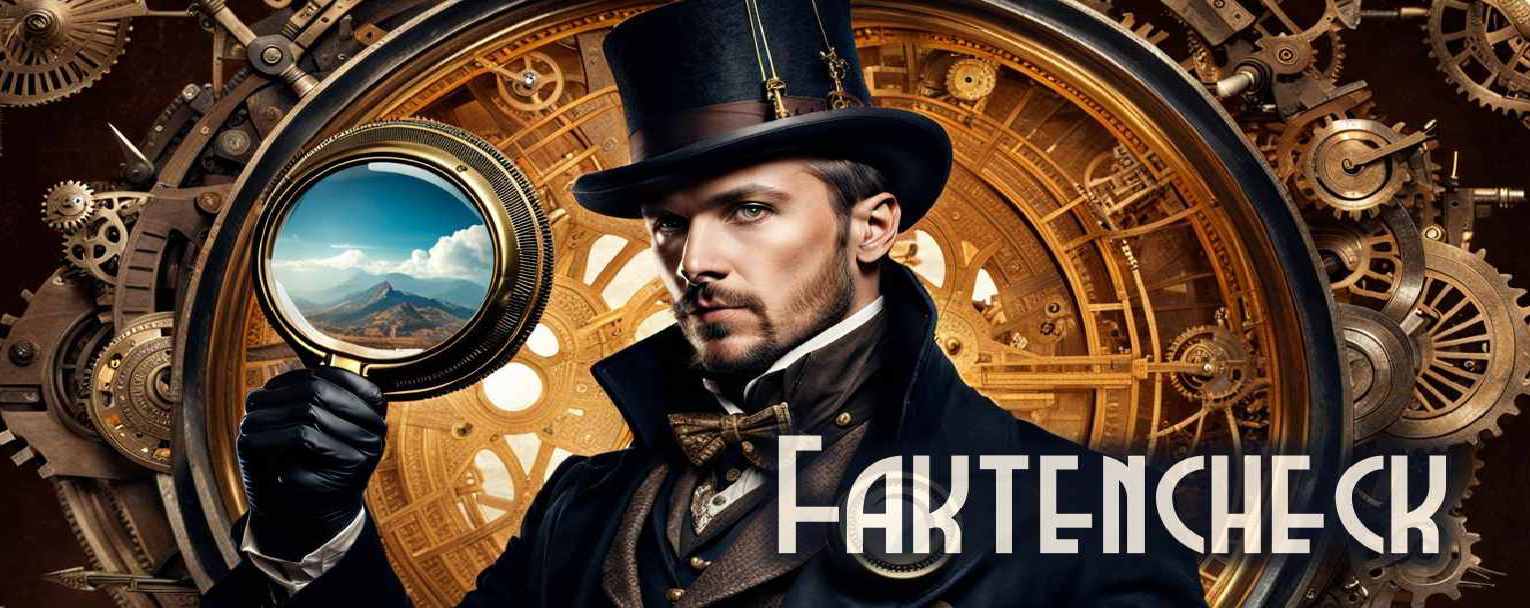 Cover Faktencheck, zeigt einen Detektiv im Steampunk-Look mit Lupe