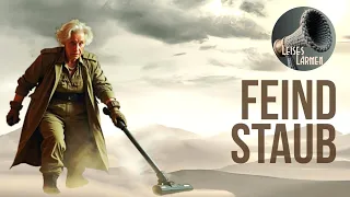 zeigt das Cover Feind Staub, darauf eine ältere Dame mit Staubsauger in einem Sandsturm in der Wüste