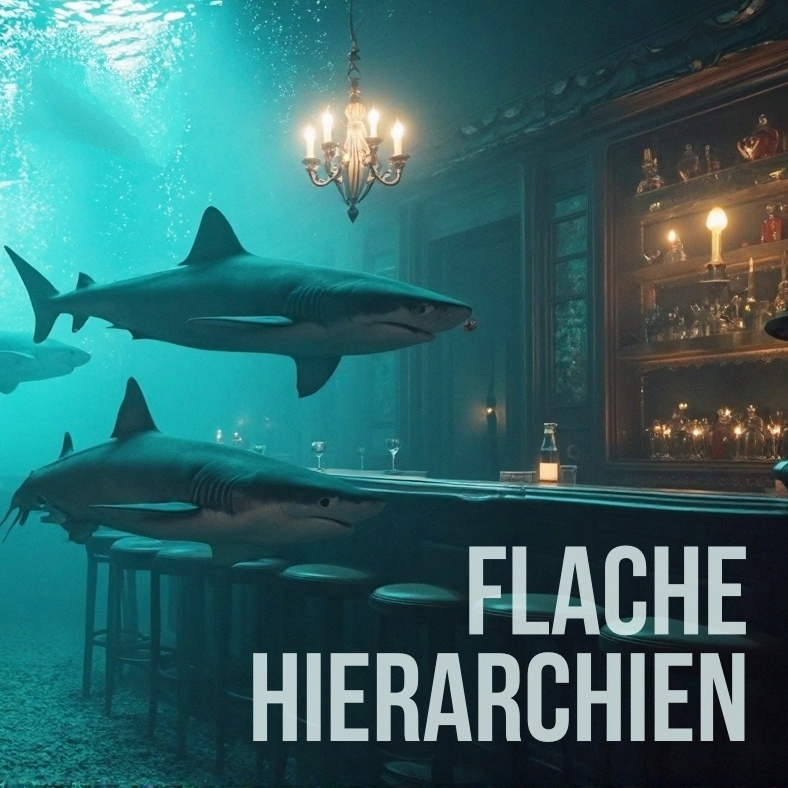 Cover: Flache Hierarchien, zeigt eine Bar, in der Haifische schwimmen