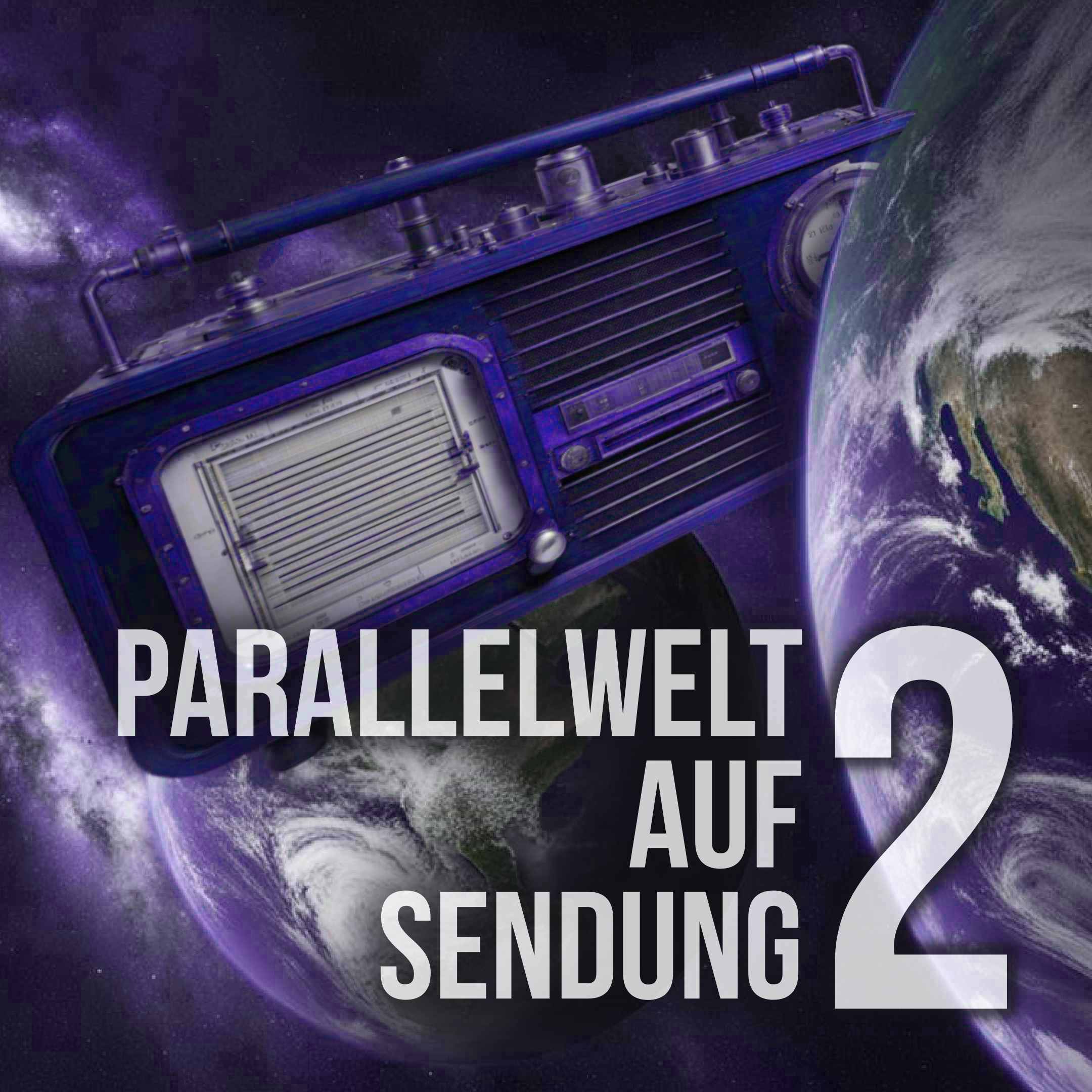 Cover Parallelwelt auf Sendung. Folge 2, zeigt ein fliegendes Kurbelradio im Weltraum