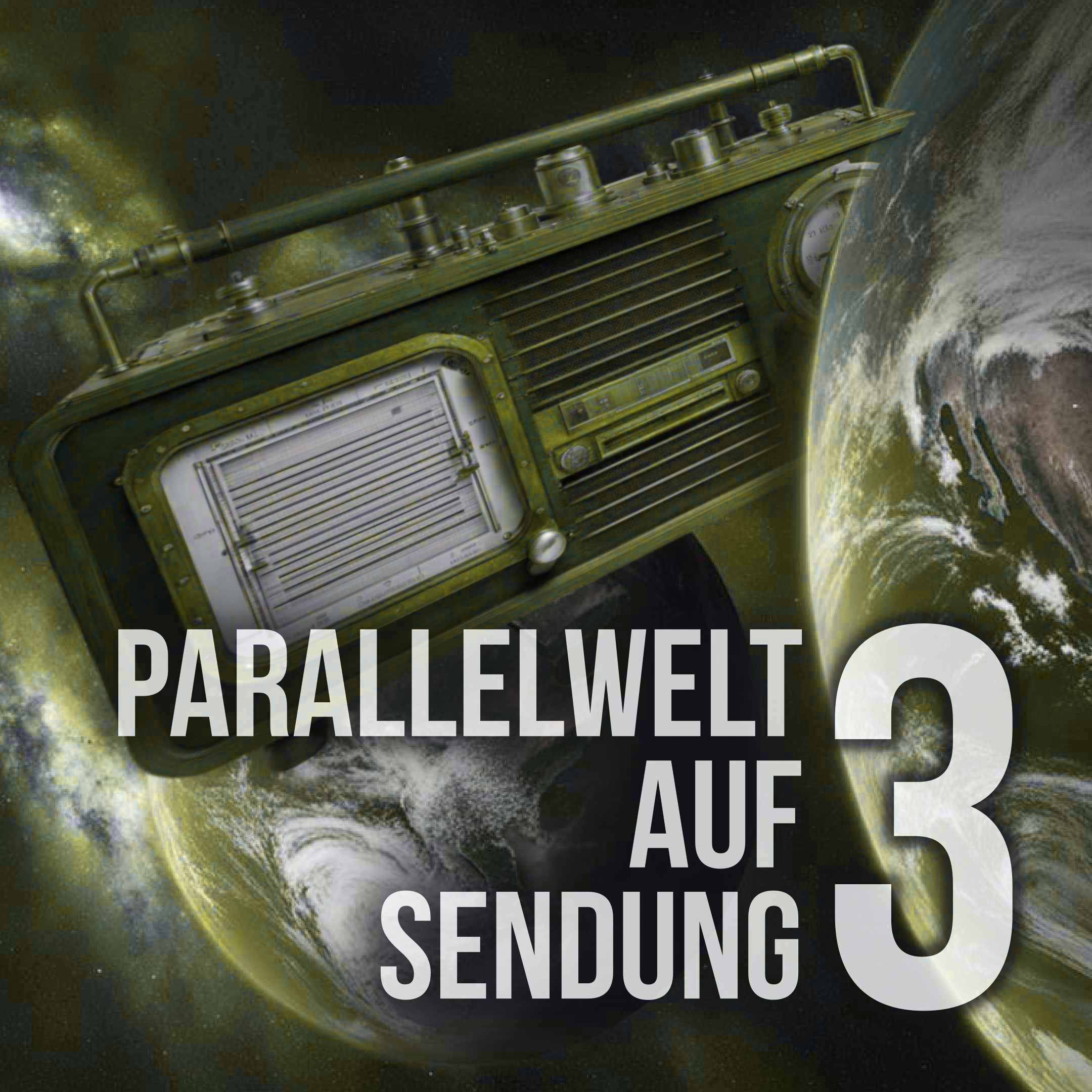 Cover Parallelwelt auf Sendung. Folge 3, zeigt ein fliegendes Kurbelradio im Weltraum