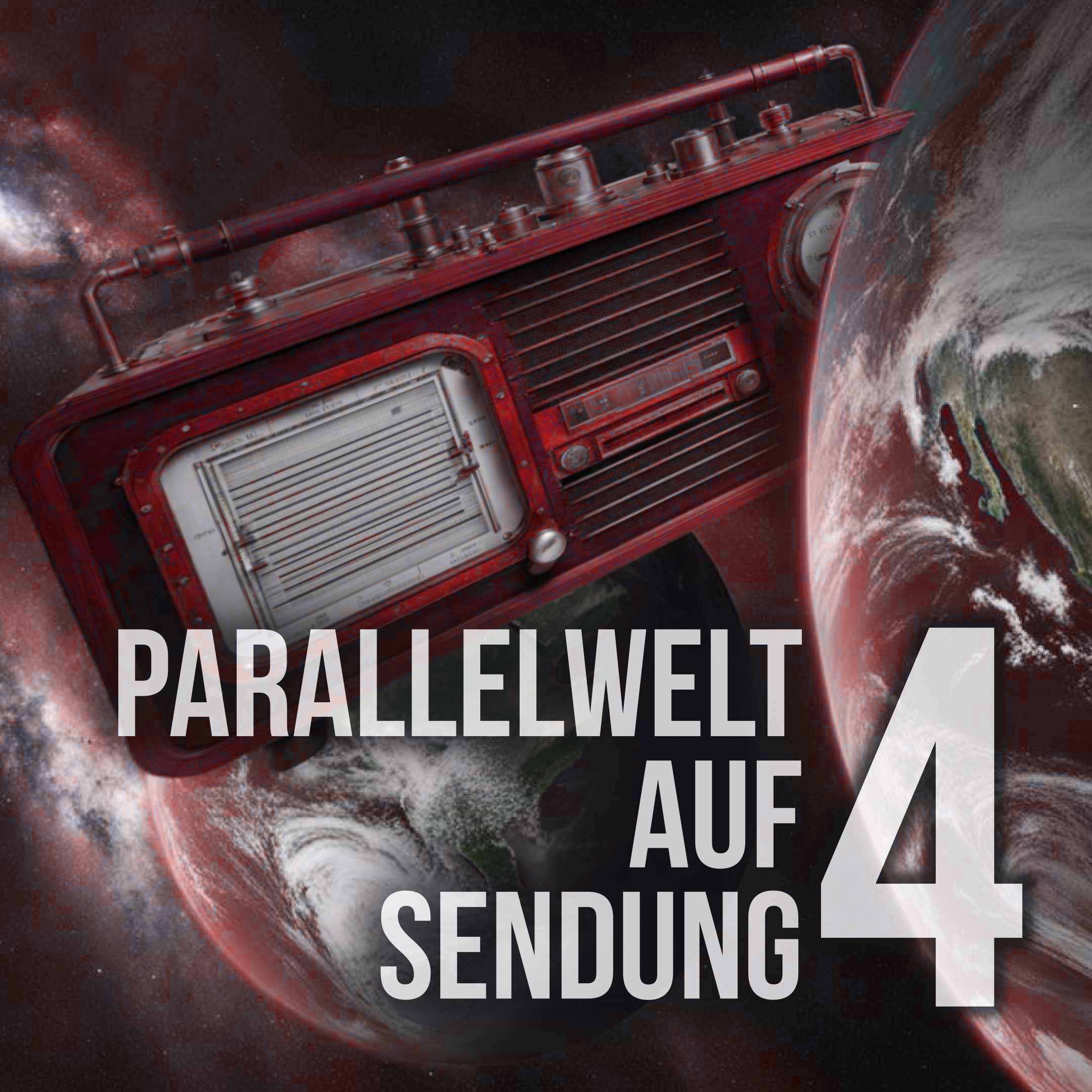 Cover Parallelwelt auf Sendung. Folge 4, zeigt ein fliegendes Kurbelradio im Weltraum