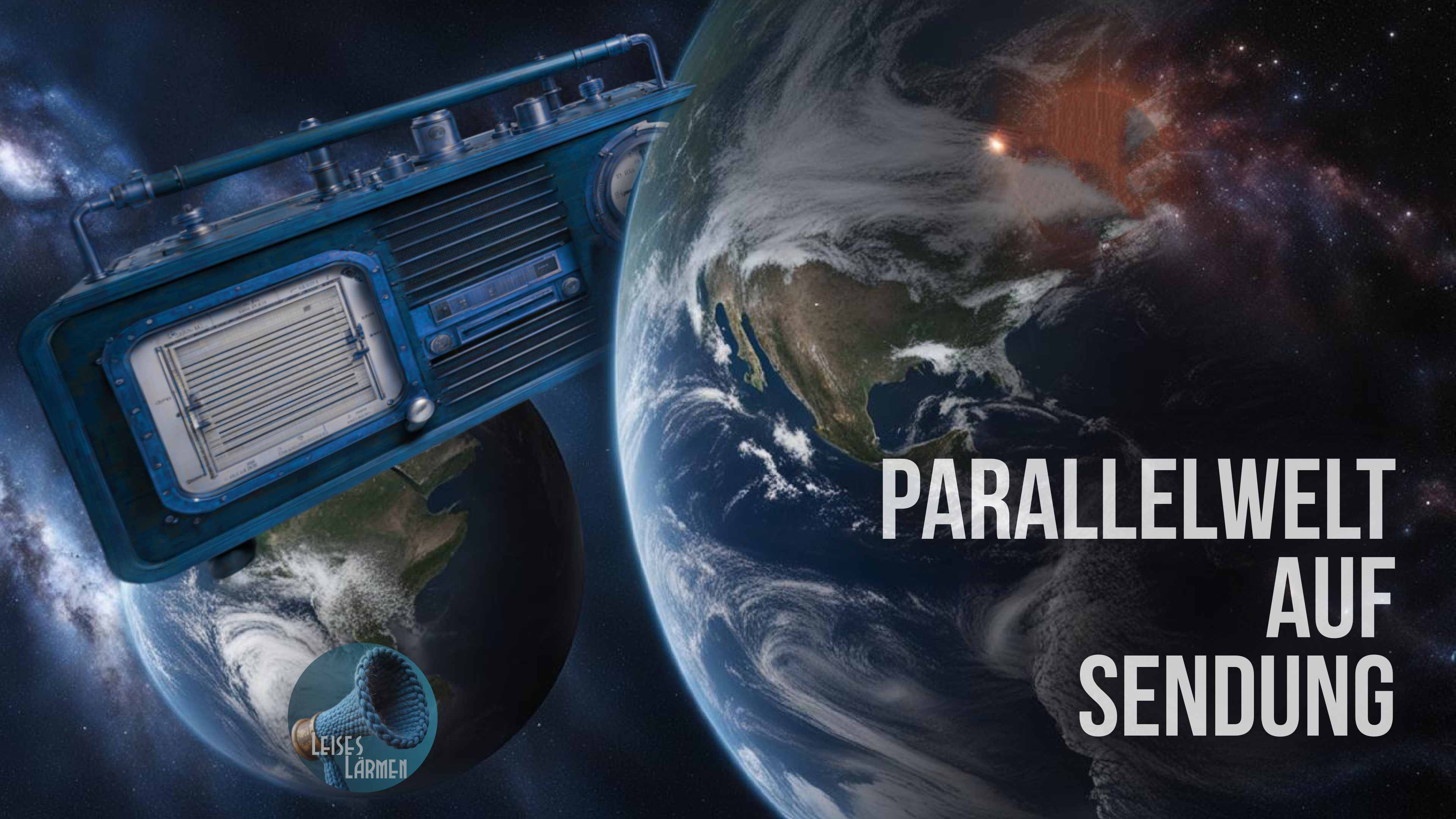 cover Parallelwelt auf Sendung, zeigt ein fliegendes Kurbelradio im Weltraum