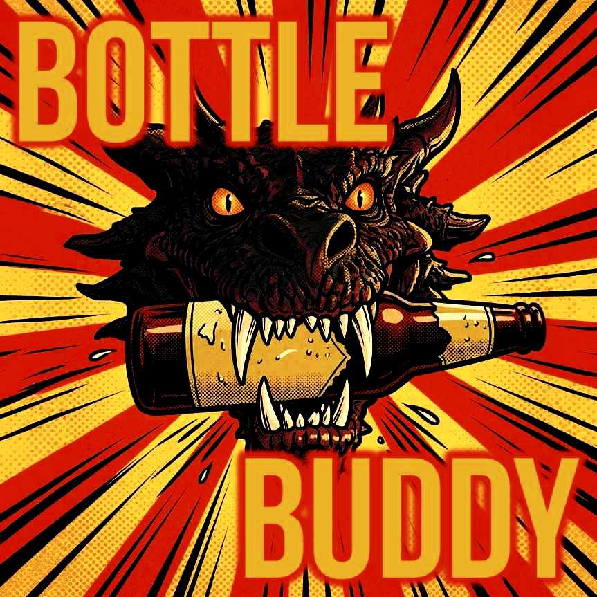 cover bottle buddy, zeigt in Popart einen Drachenkopf mit einer Flasche im Maul