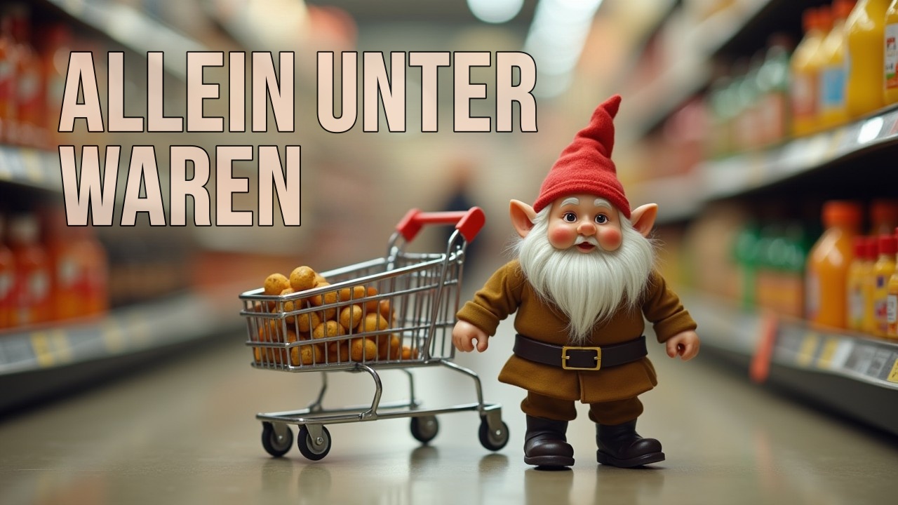Cover Allein unter Waren, zeigt einen Gartenzwerg im Supermarkt