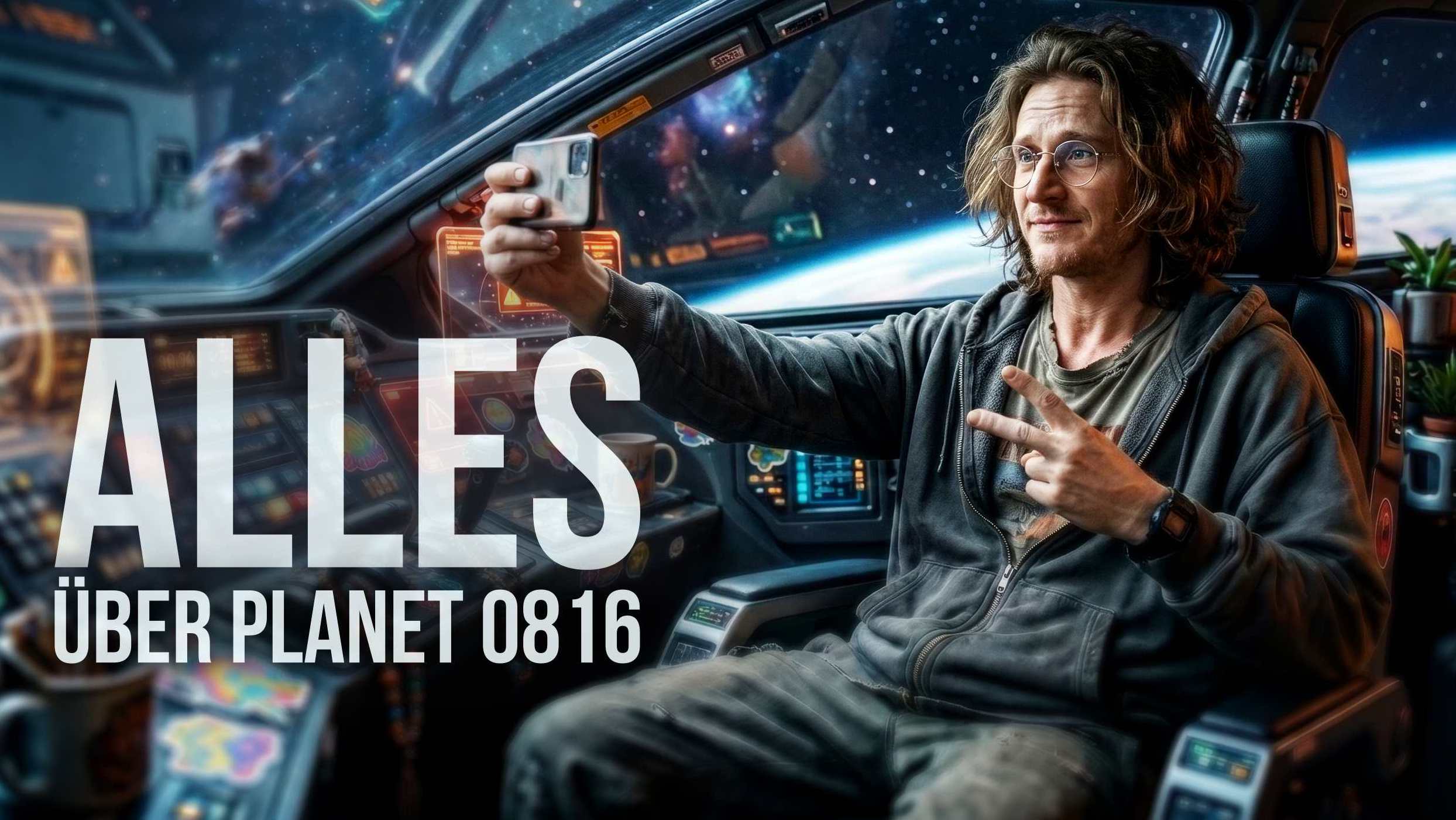 zeigt das Cover zu Alles über Planet 0816, ein etwas schlampiger junger Intellektueller 
macht im Cockpit eines futuristischen Raumschiffes ein Selfie