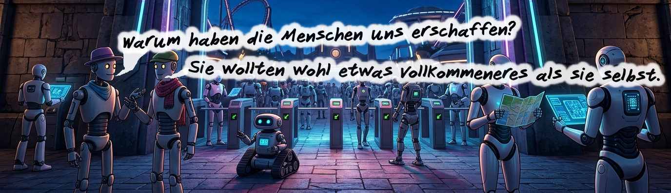 zeigt Roboter am Parkeingang. Einer fragt: warum haben die Menschen uns erschaffen? Der andere antwortet:
Sie wollten wohl etwas Vollkommeneres als sie selbst.