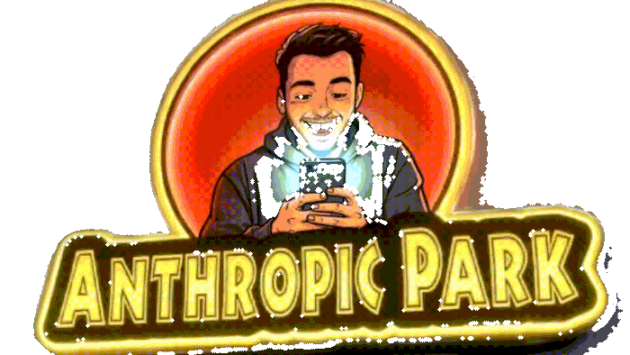 zeigt das Logo des Anthropic Park, der Junge mit dem Smartphone darin lacht begeistert.