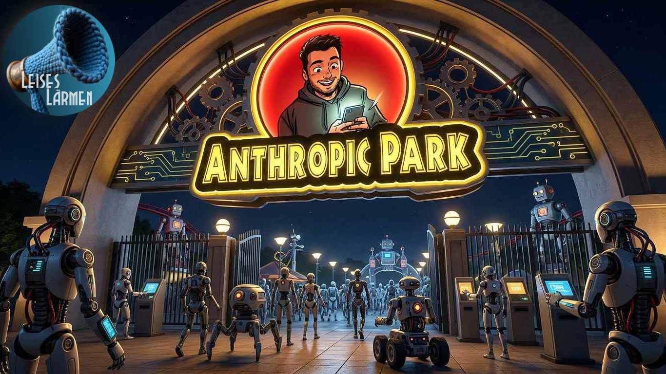 Cover zu Anthropic Park, zeigt viele Roboter am Eingang eines Vergnügungsparks. Das Logo erinnert an das Jurssaicpark-Logo,zeigt statt Saurier aber einen Menschen am Handy.