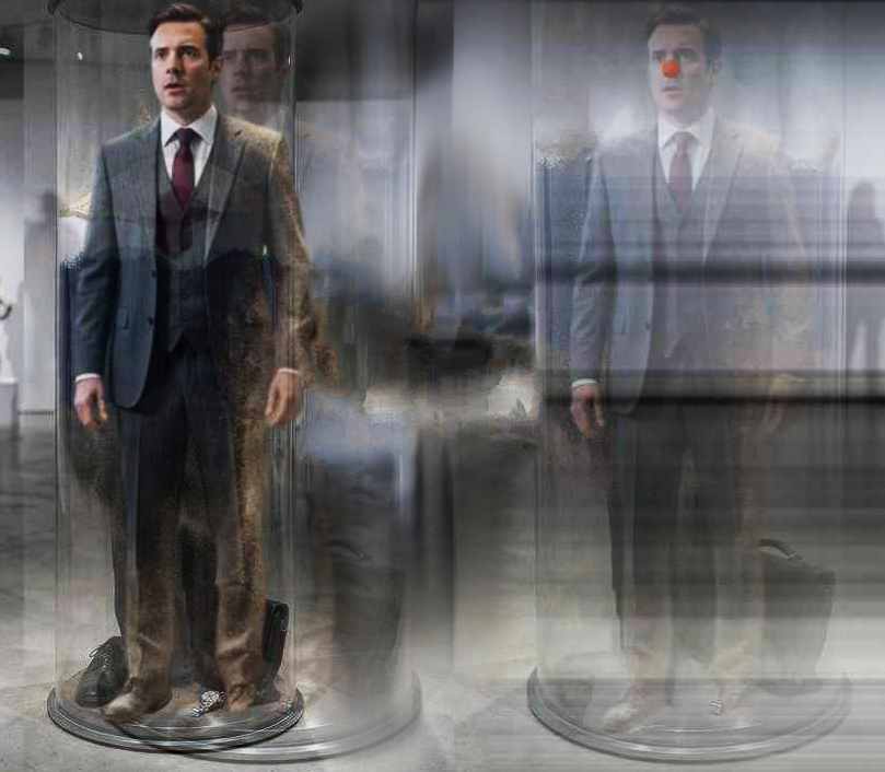 zeigt nebeneinander zwei identische Geschäftsmänner in flirrenden Glasröhren, die rechte ist blasser und trägt eine rote Pappnase