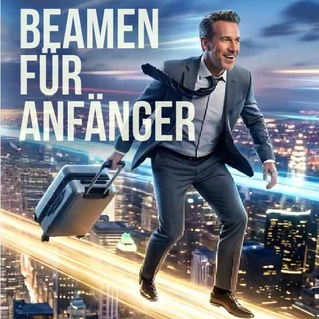 Cover: Cover: Beamen für Anfänger, zreigt einen Reisenden nachts auf einem Lichtstrahl hoch über einer Stadt