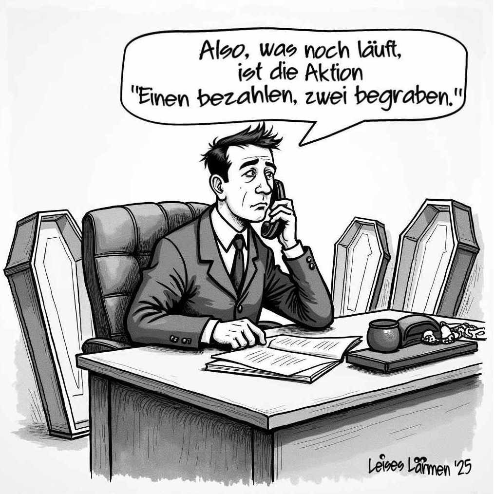 Mann im Büro, im Hintergrund Särge: Also, was noch läuft, ist die Aktion 'Einen bezahlen, zwei begraben.