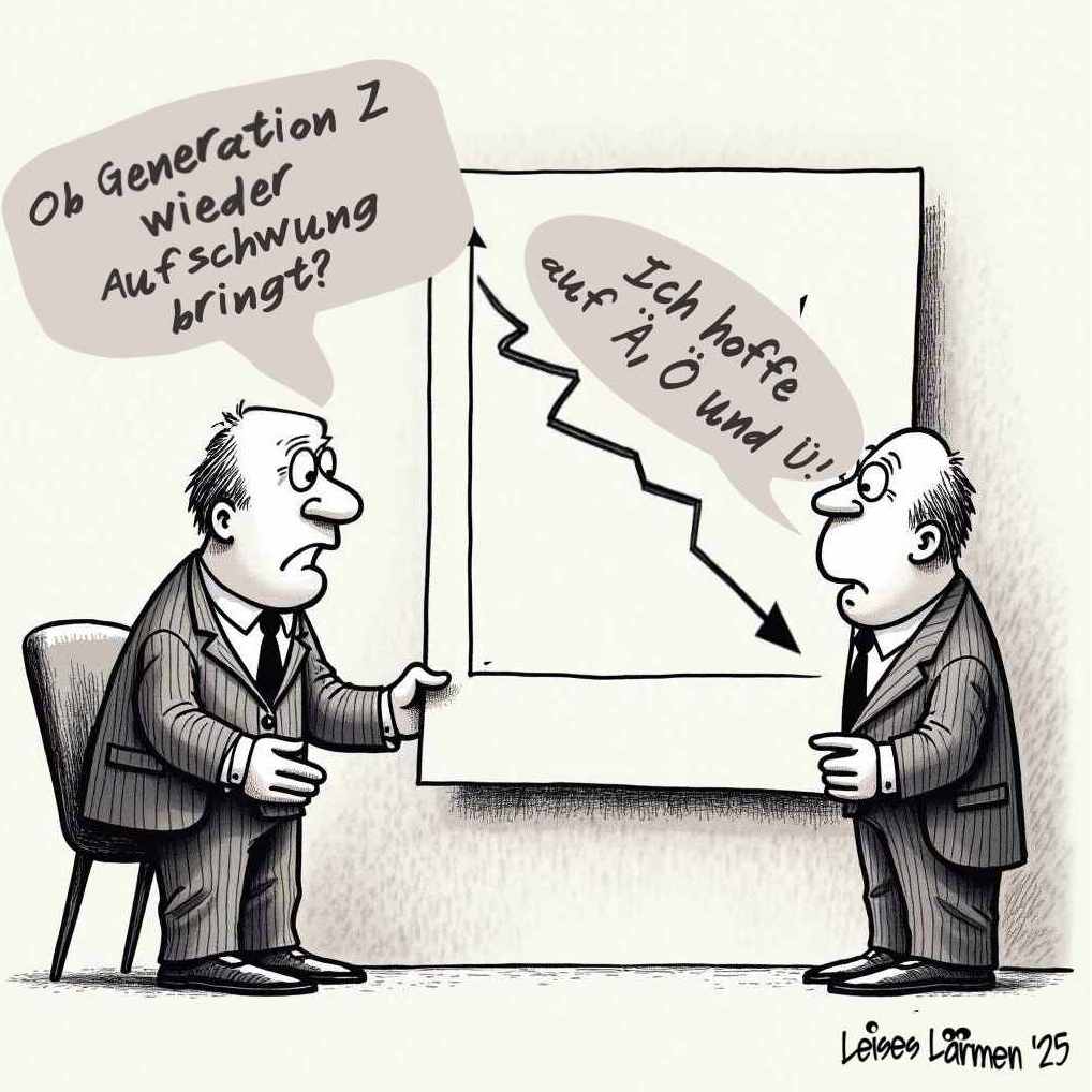 Zwei Banker vor einer Abwärtsgrafik. Ob Generation Z wieder Zukunft bringt? Ich hoffe auf Ä, Ö und Ü.