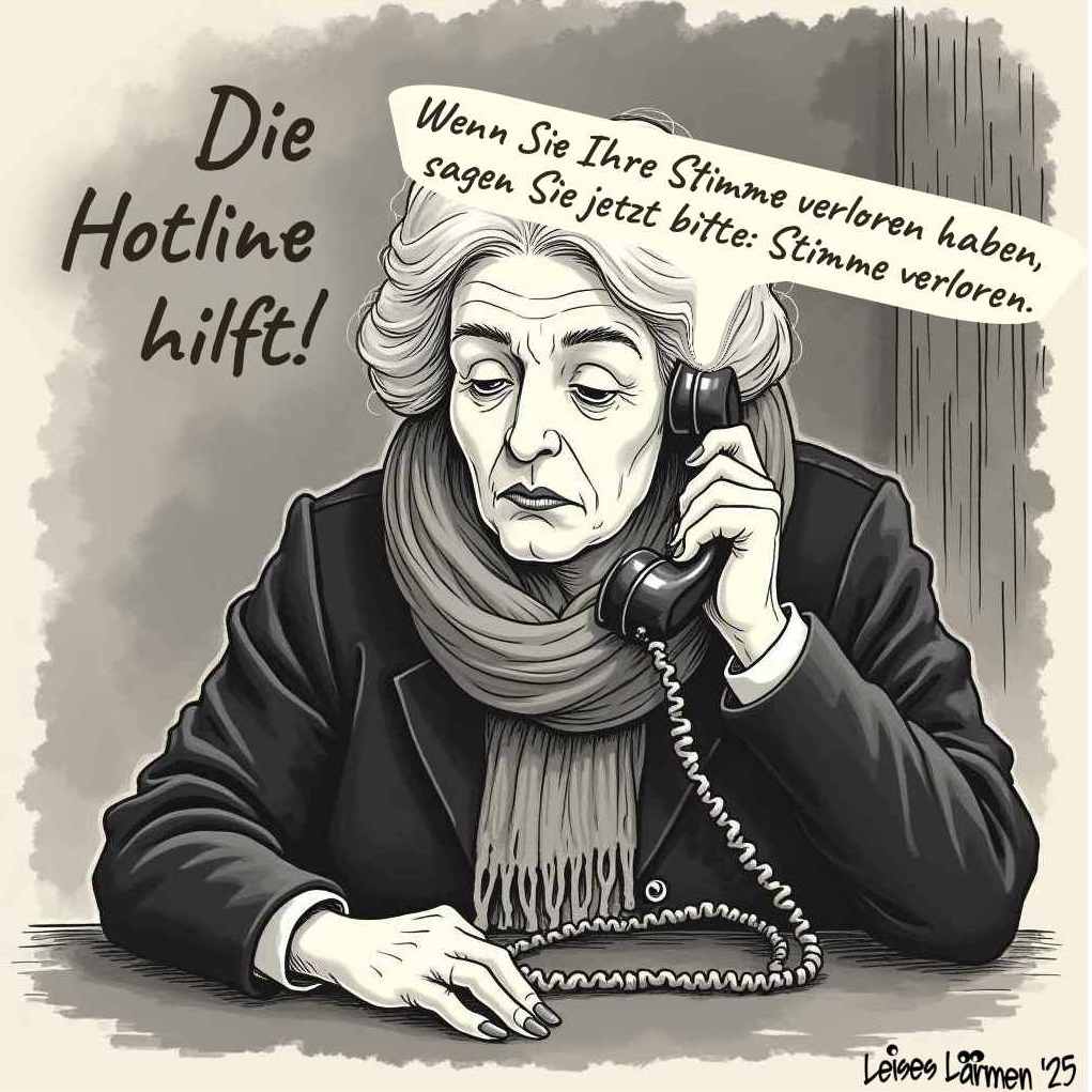 zeigt eine Frau an einer Telefonhotline, welche sagt- wenn Sie Ihre Stimme verloren haben, sagen Sie jetzt: Stimme verloren