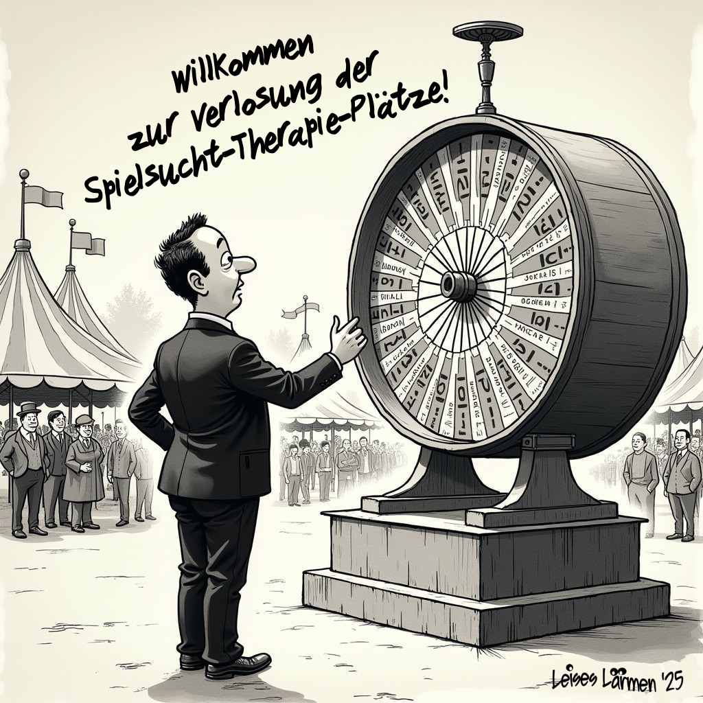 zeigt einen Mann vor einer großen Lostrommel auf einem Rummelplatz und den Text: Willkommen zur Verlosung der Spielsucht-Therapie-Plätze!