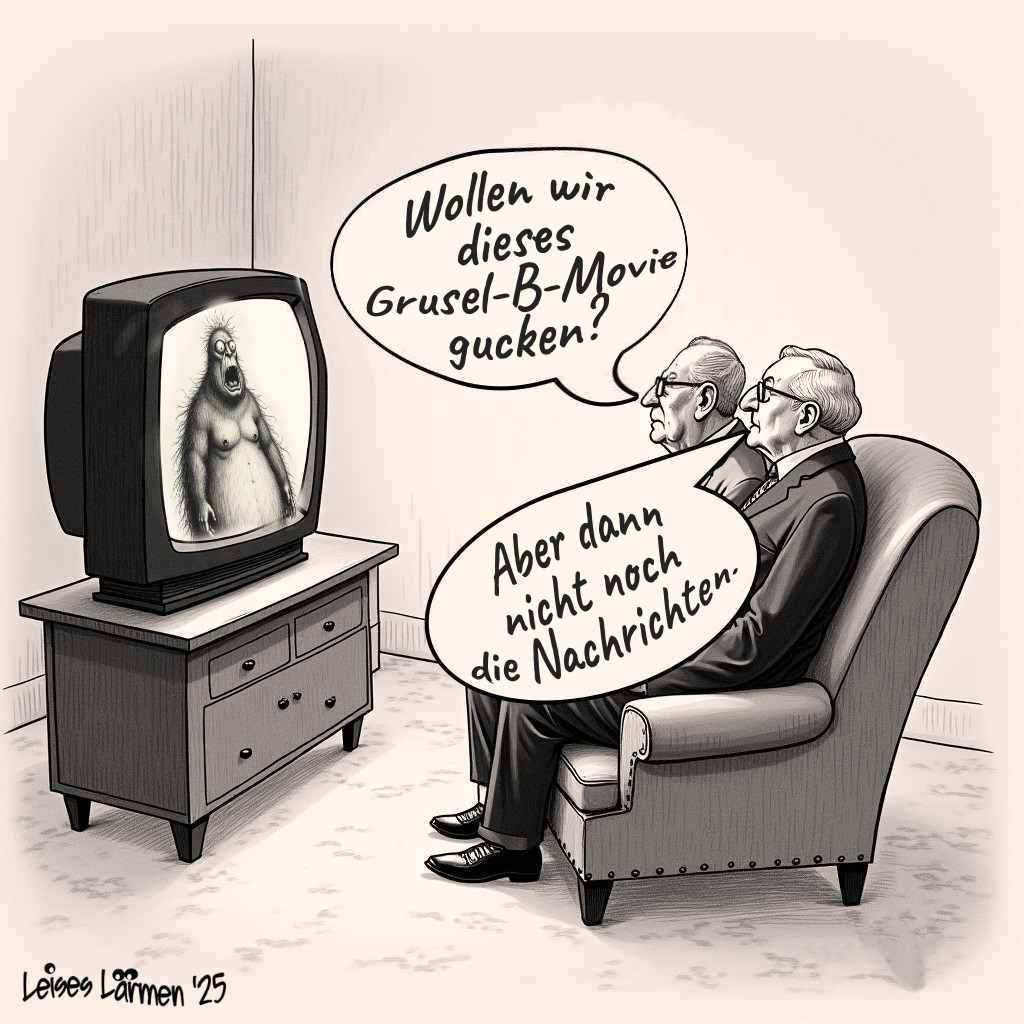 zeigt ein Paar vor dem Fernseher. 1: Sie bringen ein Grusel-B-Movie. 2: Gut, dann aber nicht noch die Nachrichten.