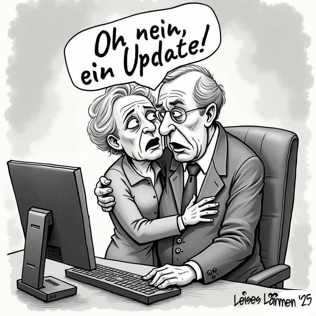 zeigt ein panisch verängstigtes älteres Ehepaar vor einem PC mit dem Text: Oh nein, ein Update!