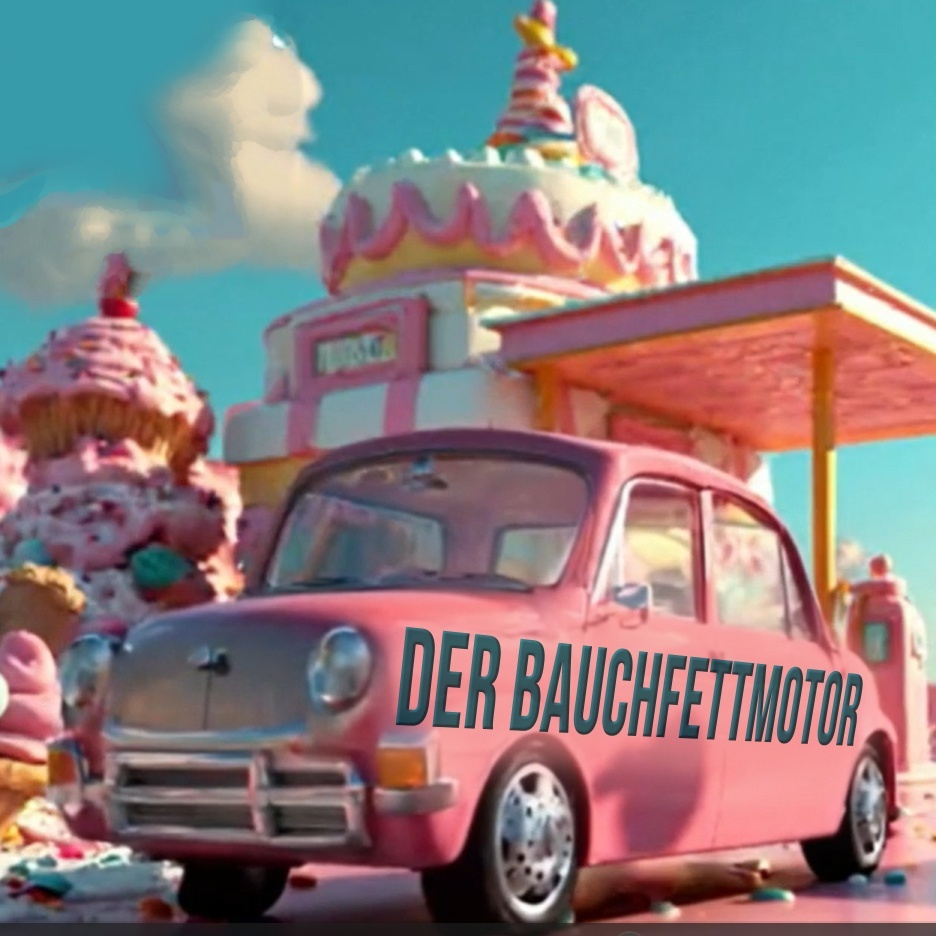 Cover: der Bauchfettmotor, zeigt ein Auto aus Torte an einer Tankstelle aus Torte