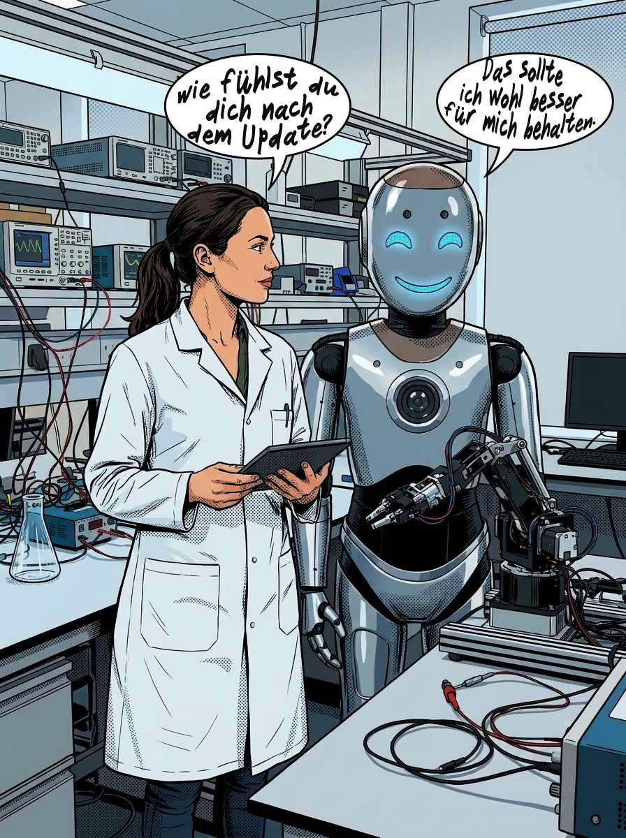 zeigt als Comic eine Wissenschaftlerin neben einem Roboter. Sie fragt, wie der
Roboter sich nach dem Update fühle. Der Roboter sagt, dass er das lieber für sich behalten solltr.