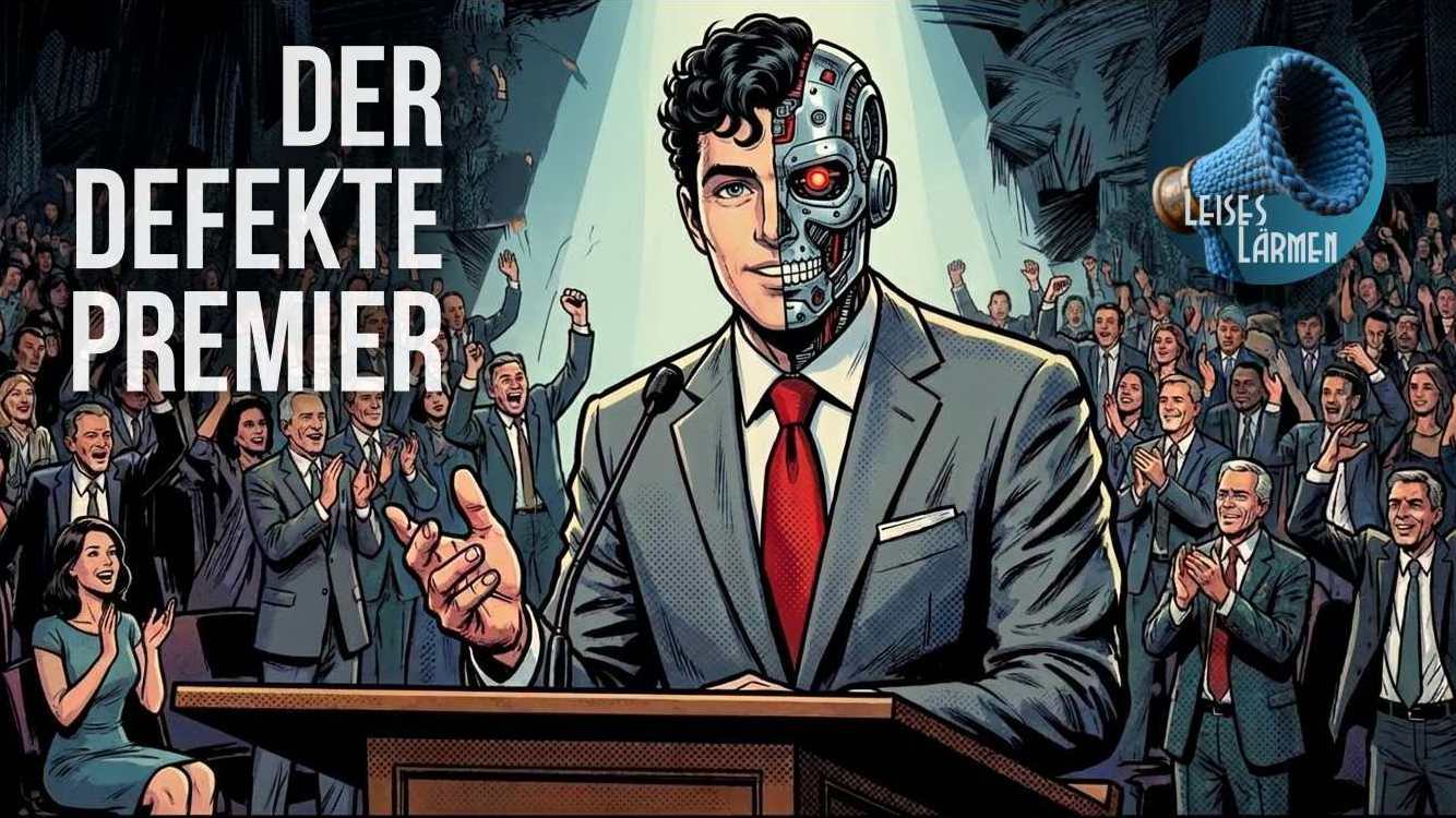 Cover Der perfekte Premier, zeigt einen seriösen Herrn am Rednerpult, nur ist eine Gesichtshälfte die eines Roboters,
dazu noch die info: demnächst (Oktober 26) in Ihrem Kopf