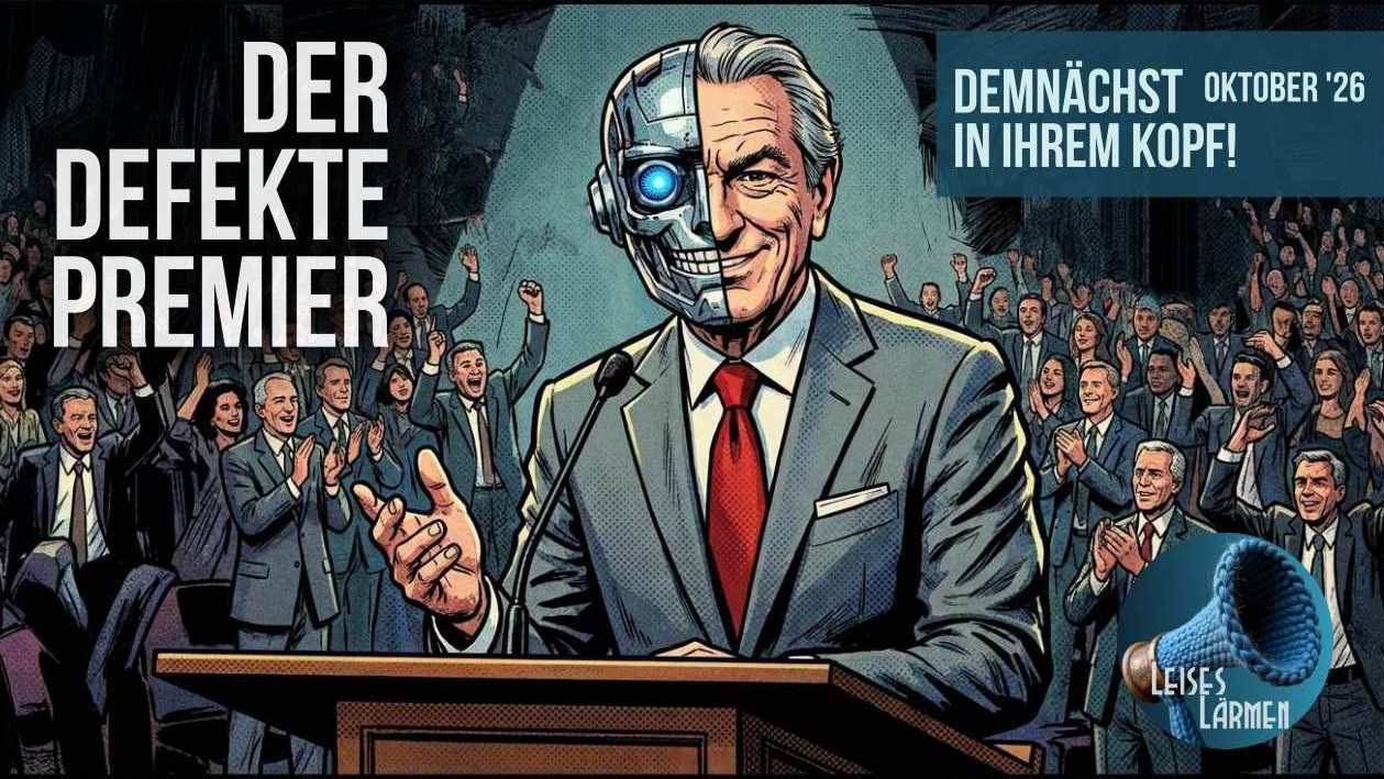 Cover Der perfekte Premier, zeigt einen seriösen Herrn am Rednerpult, nur ist eine Gesichtshälfte die eines Roboters,
dazu noch die info: demnächst (Oktober 26) in Ihrem Kopf