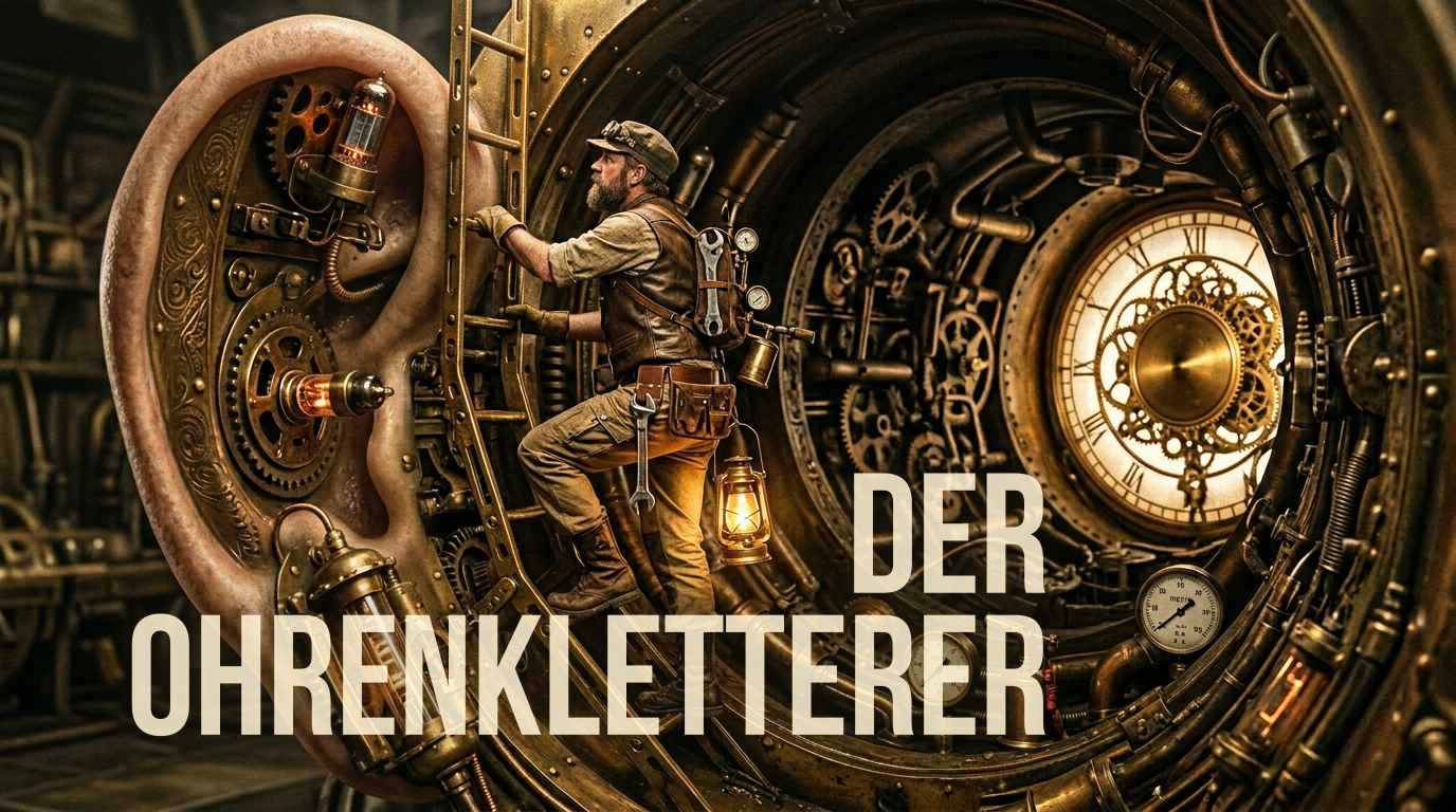 Cover zu Der Ohrenkletterer, zu sehen im Steampunk-Look ein Handwerker, der in ein Ohr klettert