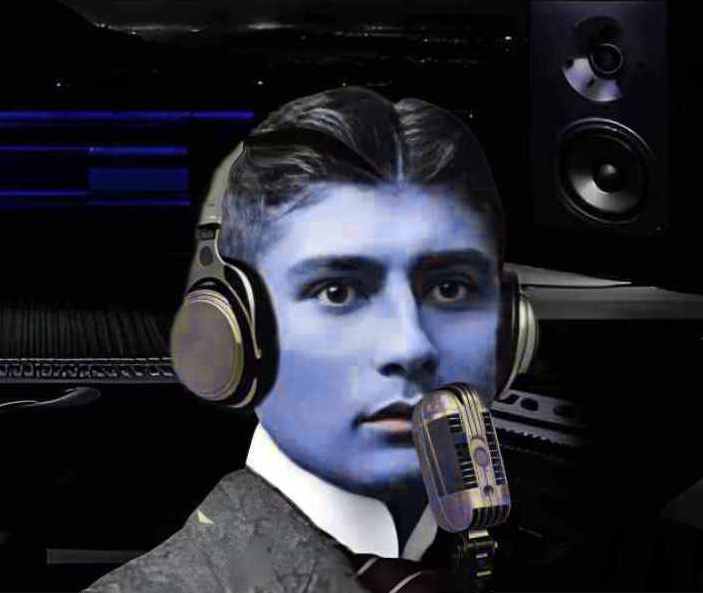 Fotomontage zeigt Franz Kafka mit Mikrofon und Kopfhörern
