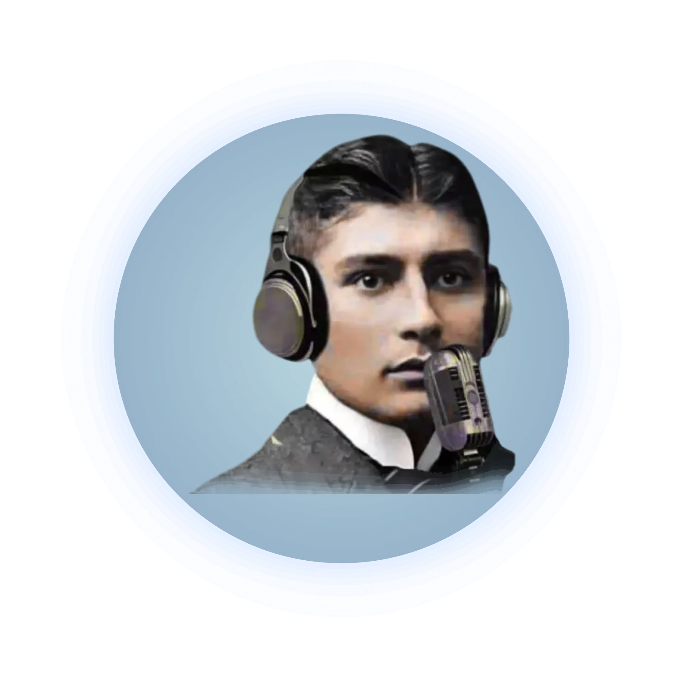 zeigt Franz Kafka mit Kopfhörer vor Mikrofon