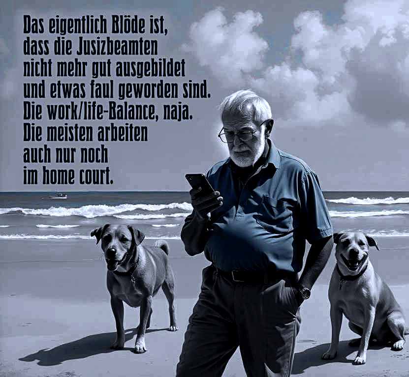 zeigt den Onkel mit Smartphone und Hunden am Strand