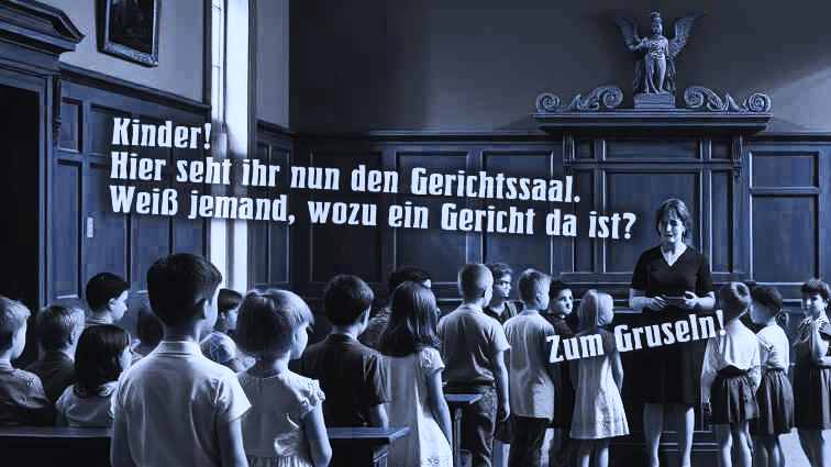 zeigt eine Schulklasse im Gerichtssaal