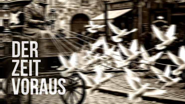 Cover zu Der Zeit voraus, zu sehen eine Kutsche, die von Tauben gezogen wird.