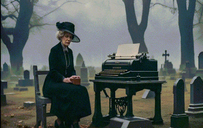 cover deutsche mord allee zeigt eine altmodisch gekleidete Autorin, die ein Messer hält, an einer Schreibmaschine auf einem Friedhof