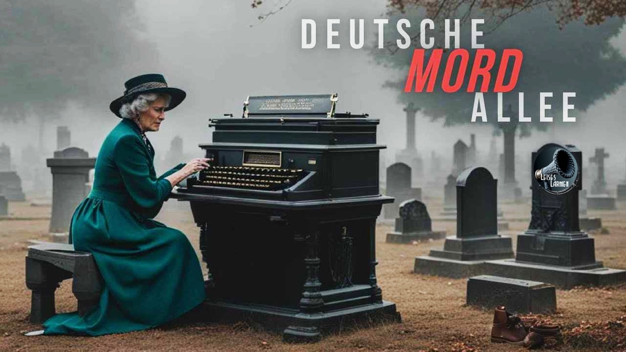 Cover Mordallee,zeigt eine altmodisch gekleidete Autorin an einer Schreibmaschine auf einem Friedhof