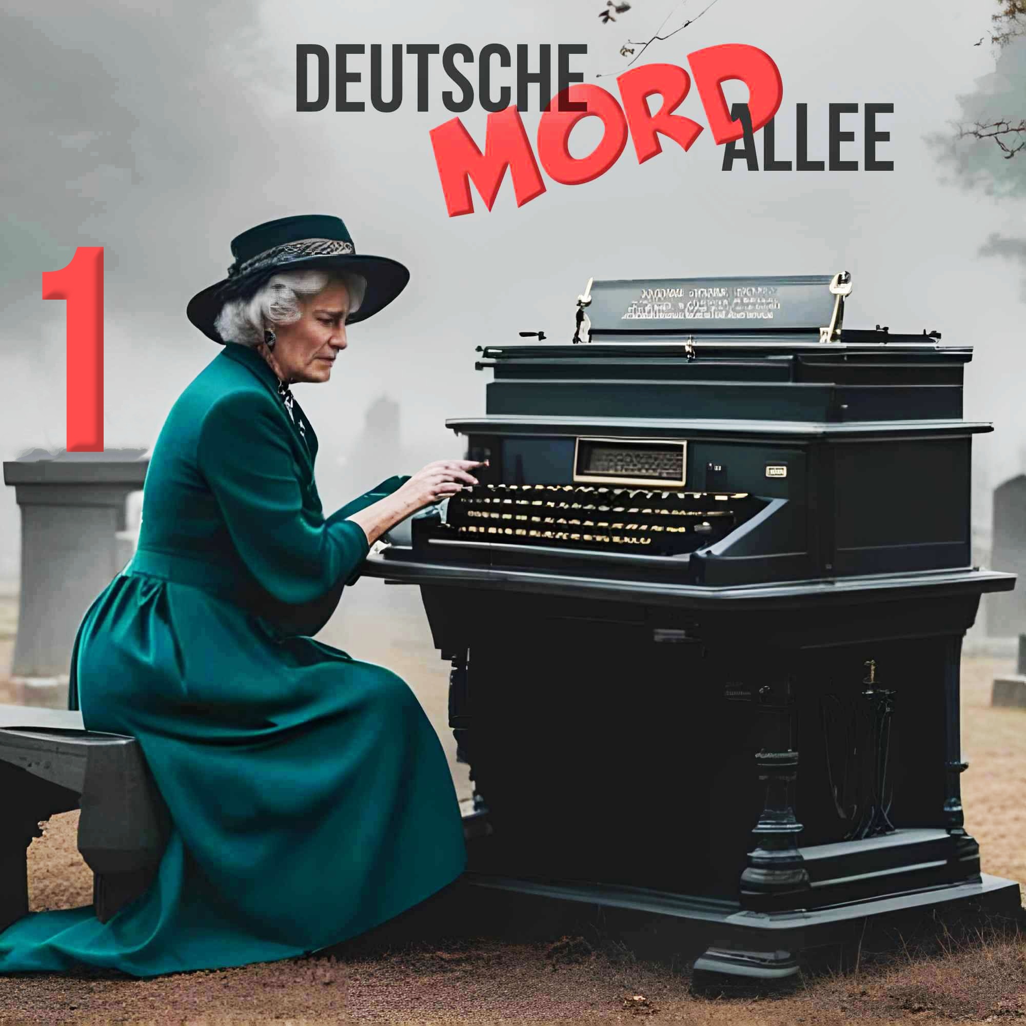 Cover Mordallee 1,zeigt eine altmodisch gekleidete Autorin an einer Schreibmaschine auf einem Friedhof
