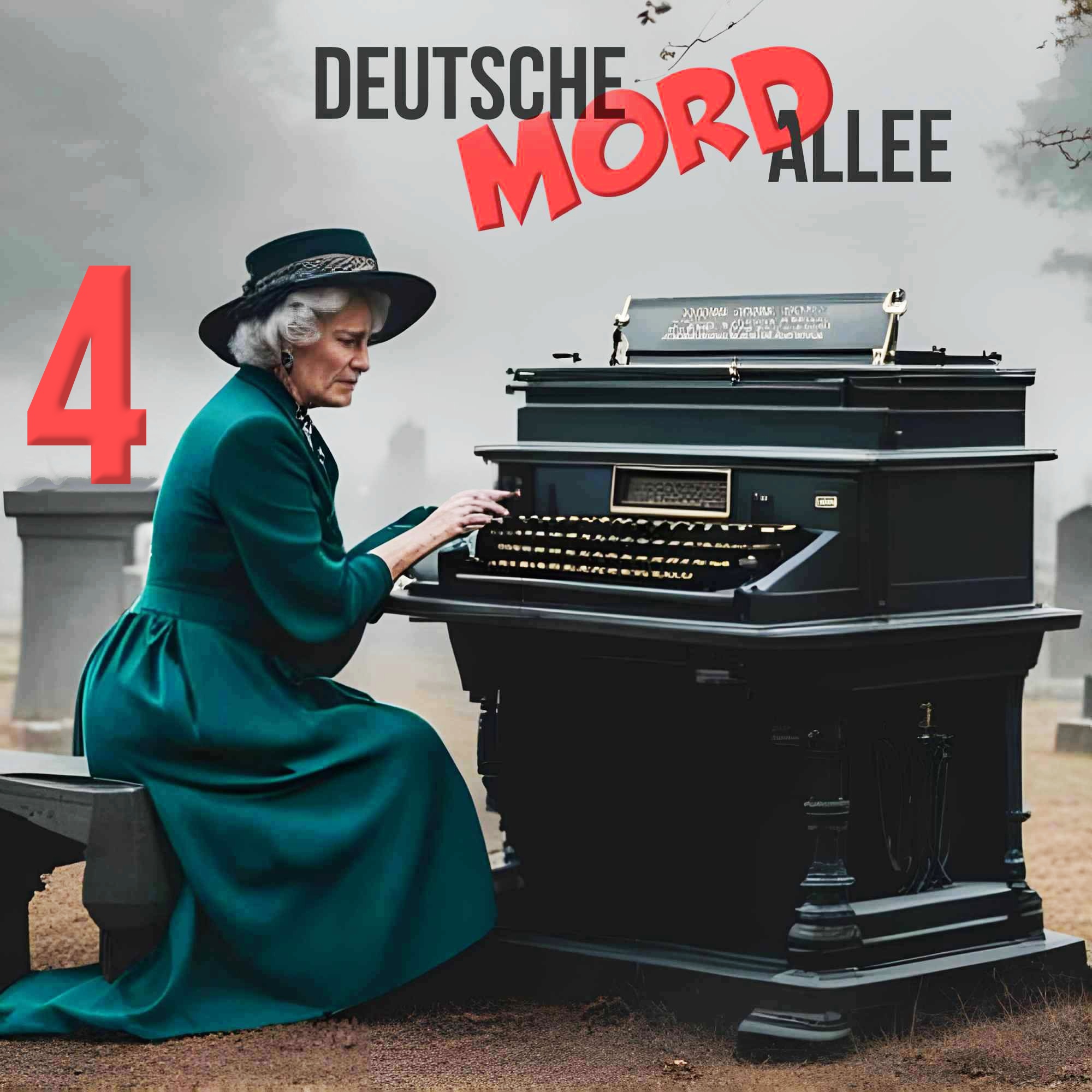 Cover Mordallee 4,zeigt eine altmodisch gekleidete Autorin an einer Schreibmaschine auf einem Friedhof