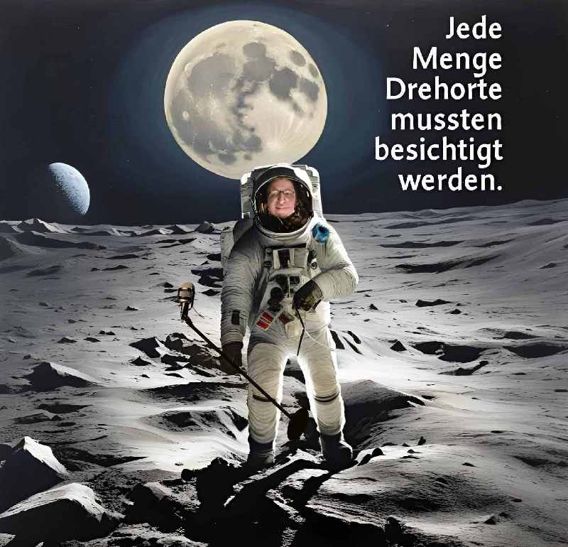 zeigt mich als Astronauten auf einem Mond, ein Mikrofon mit Stativ in der Hand,Hinweis auf das aufwändige Drehort-Casten