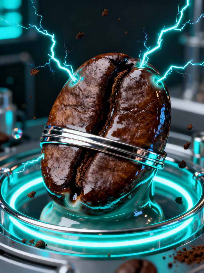 zeigt eine Kaffebohne in einem elektrisch aufgeladenen Reaktor