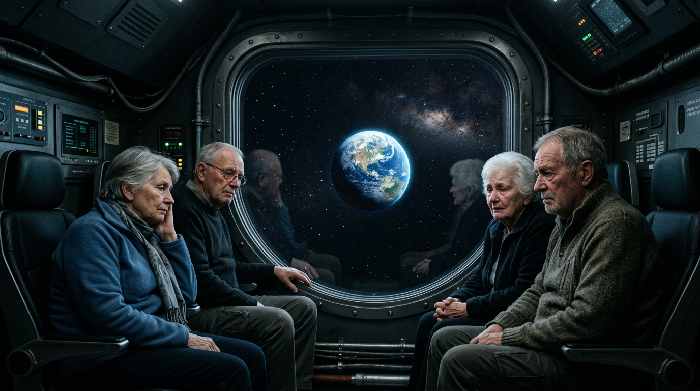 ältere Menschen mit besorgten Blicken in einem Raumschiff, durch das Fenster ist die Erde zu sehen