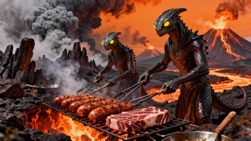 zeigt echsenähnliche Aliens, die auf einem vulkanischen Planeten Würstchen und Fleisch grillen