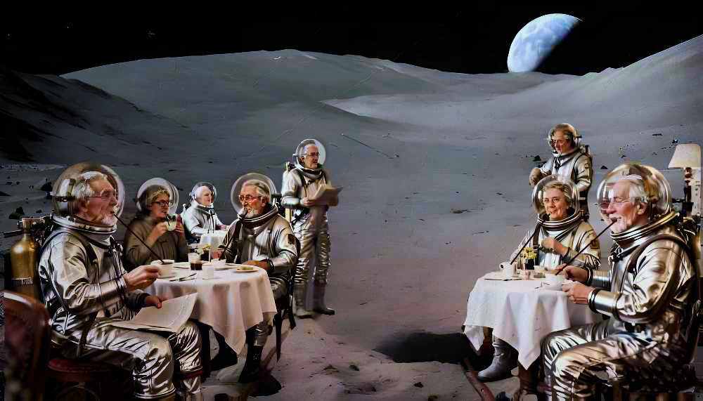 ältere Menschen in Raumanzügen und Trinkhalmen auf dem Mond an Tischen mit Kaffeegedecken