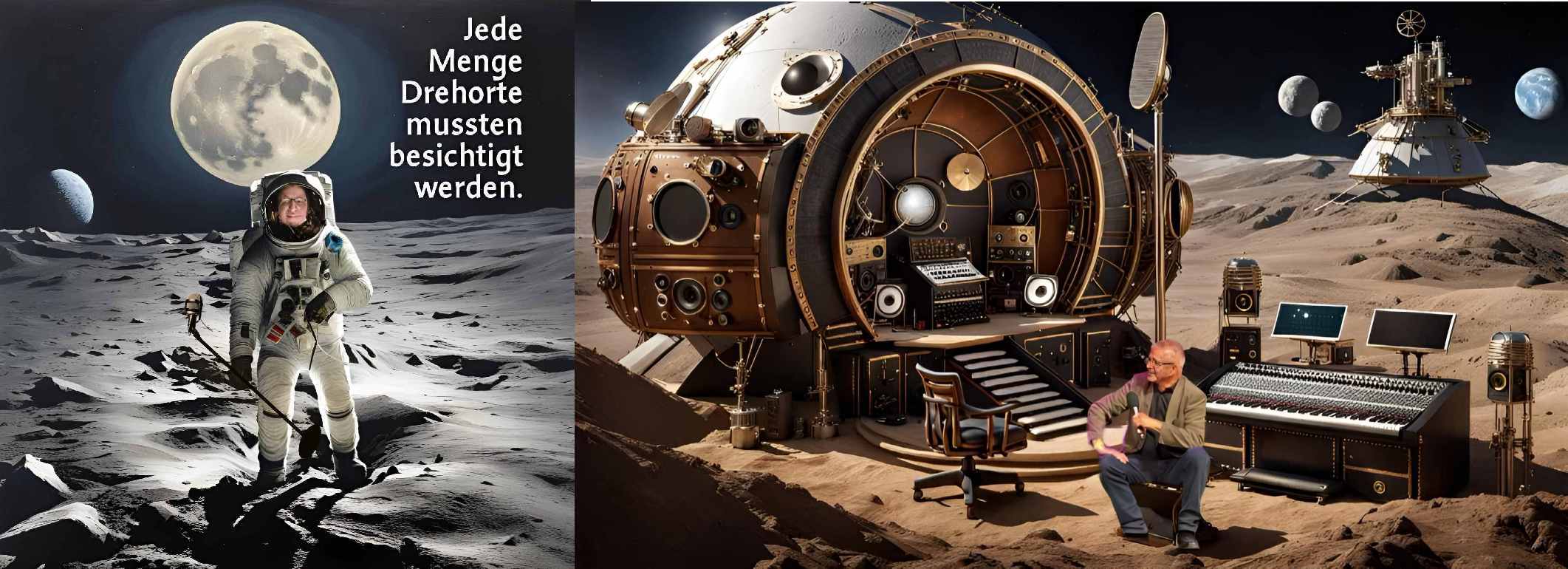 zeigt mich als Astronauten und als Regisseur mit Tontechnik auf Monden