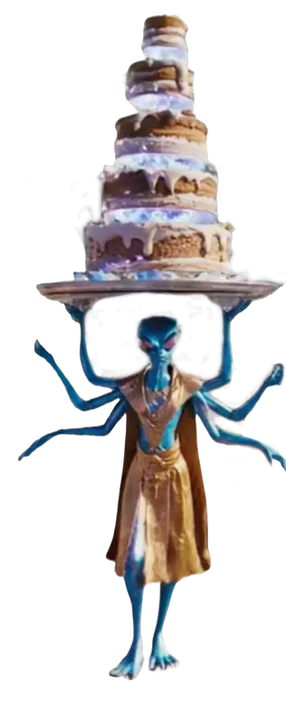 zeigt einen Alien, der eine große Torte trägt