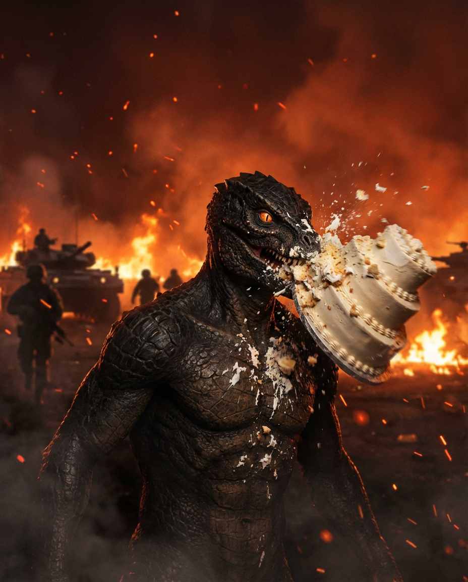 zeigt echsenähnliche Alien, das mit einer Torte beworfen wurde