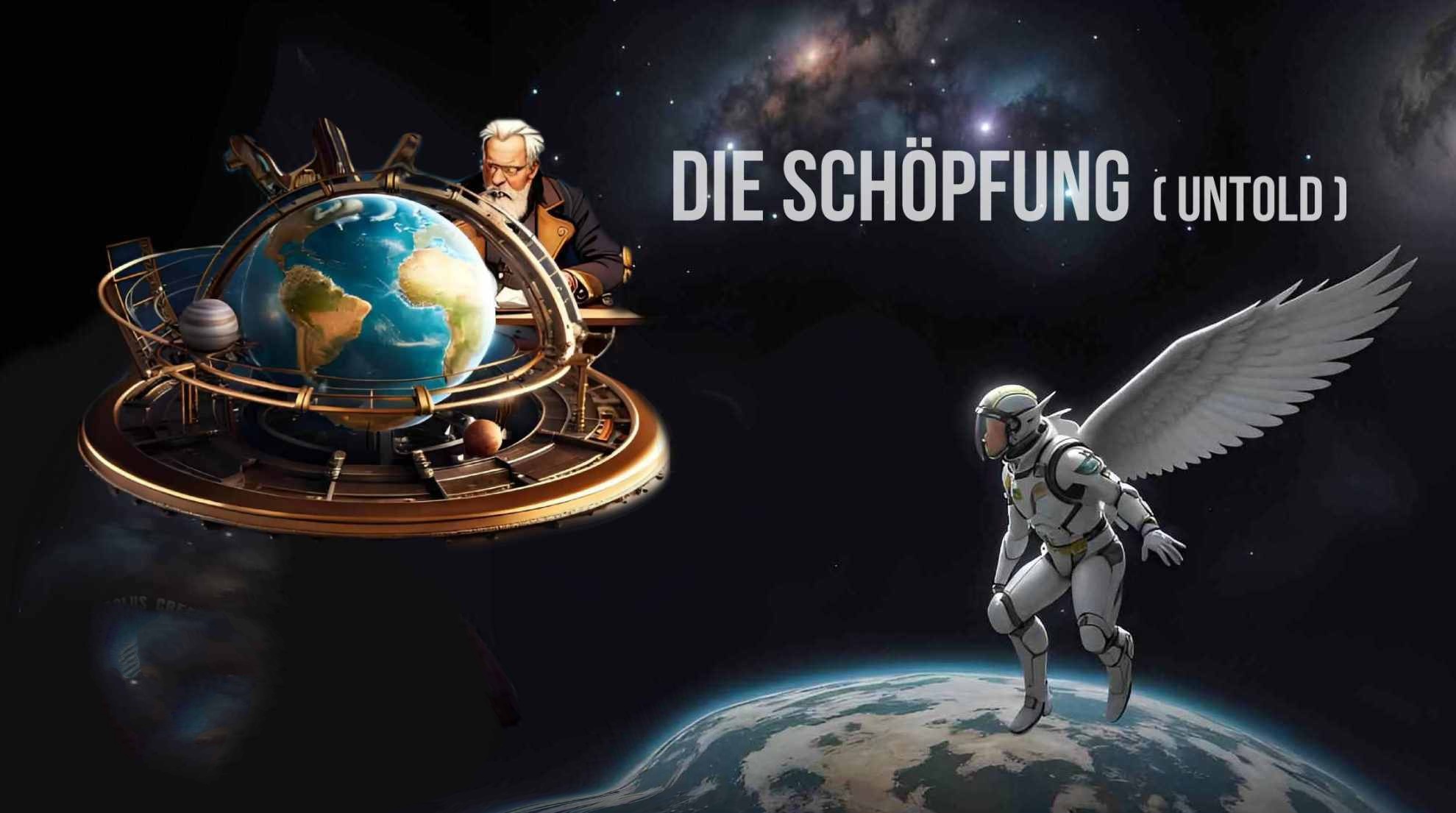 Cover Die Schöpfung untold, zeigt einen Engel in Weltraumanzug und, ebenfalls im Weltraum, den Schöpfer am Schreibtisch