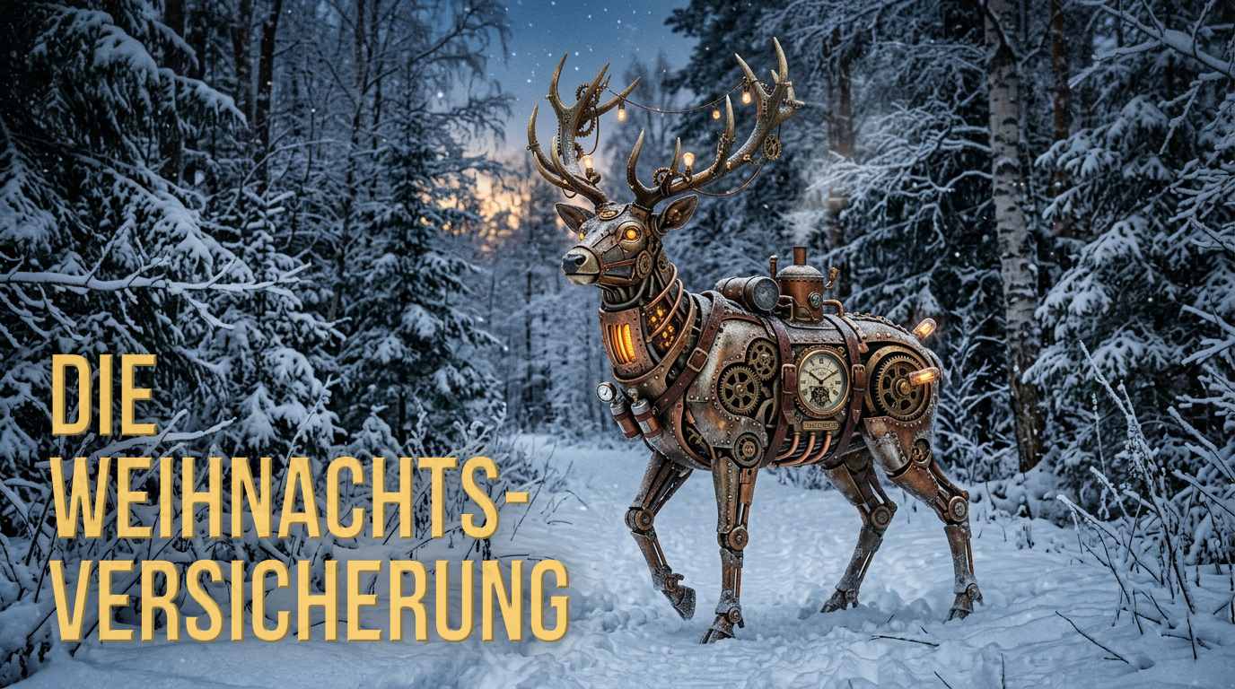 Cover zu Die Weihnachtsversicherung, zu sehen ein mechanisches Steampunk-Renntier im Winterwald